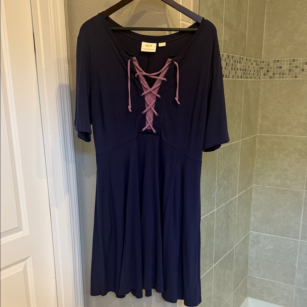 Mauve by Anthropologie Navy Short Sleeve Dress Lace-Up Detail & Pockets Size XL
